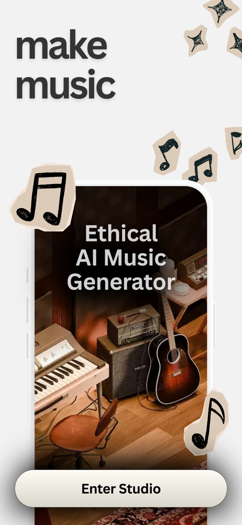 Viro - Eco-Friendly AI - Uma captura de tela do aplicativo Viro mostrando a interface do Gerador de Música de IA Ética com um fundo de estúdio de música e um botão Entrar no Estúdio.