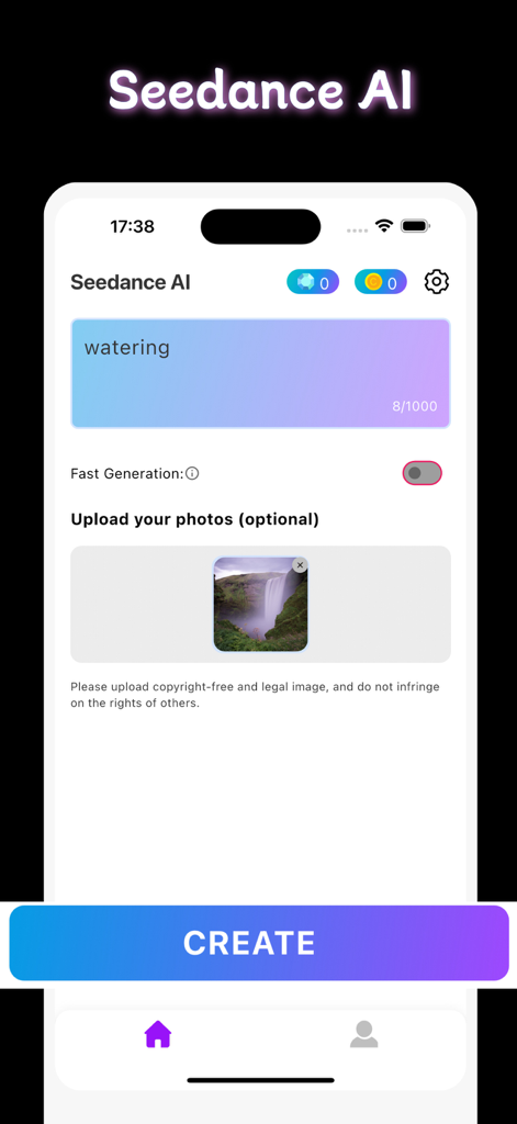 Seedance AI app interface showing a text prompt input and an uploaded photo of a waterfall to create an AI video.
