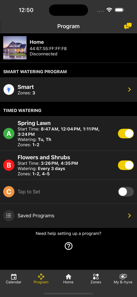 B-hyve app program screen displaying smart and timed watering schedules for garden zones