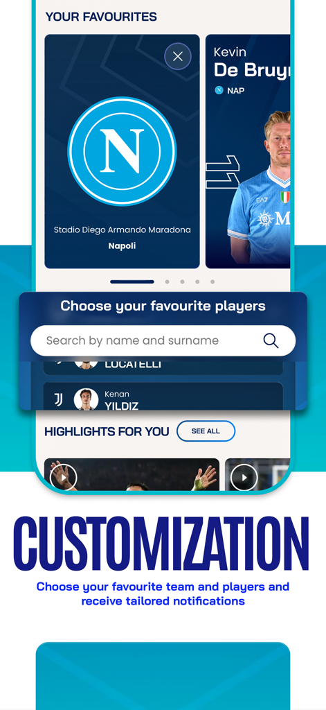 Schermata di personalizzazione dell'app Lega Serie A per squadre e giocatori preferiti