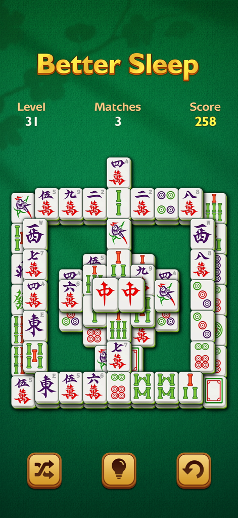Vigor Mahjong - 大きめのタイルと高齢者向けのクリアなテキストを備えた、リラックスできる麻雀ソリティアゲーム画面