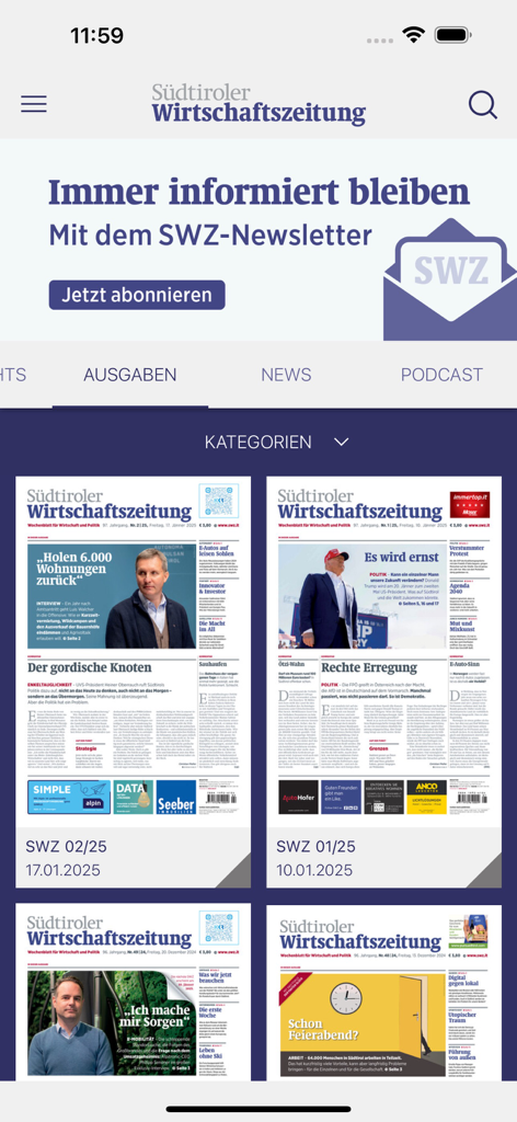 Digitale Zeitungsausgaben in der SWZ-Wirtschaftsnachrichten-App