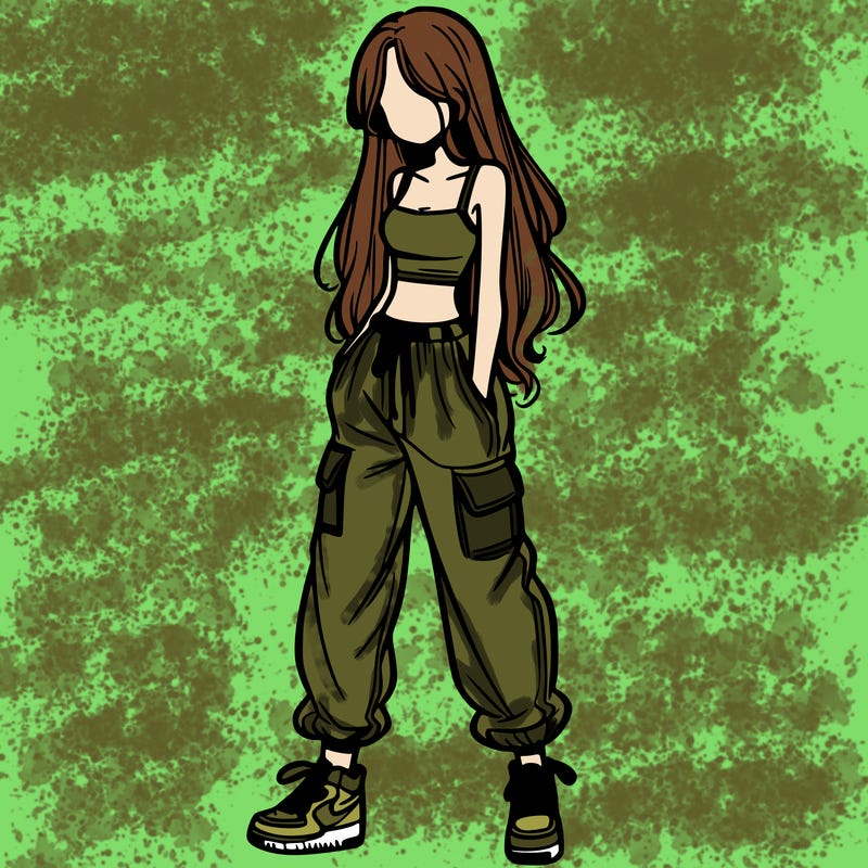 girl in baggy pants crop top and long hair