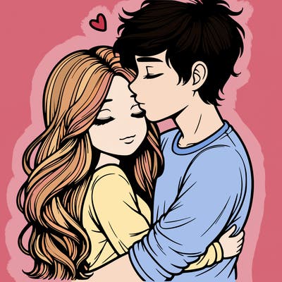 a realistic couple boy and girl hugging and kissing