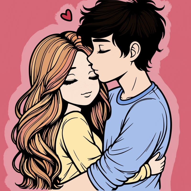 a realistic couple boy and girl hugging and kissing