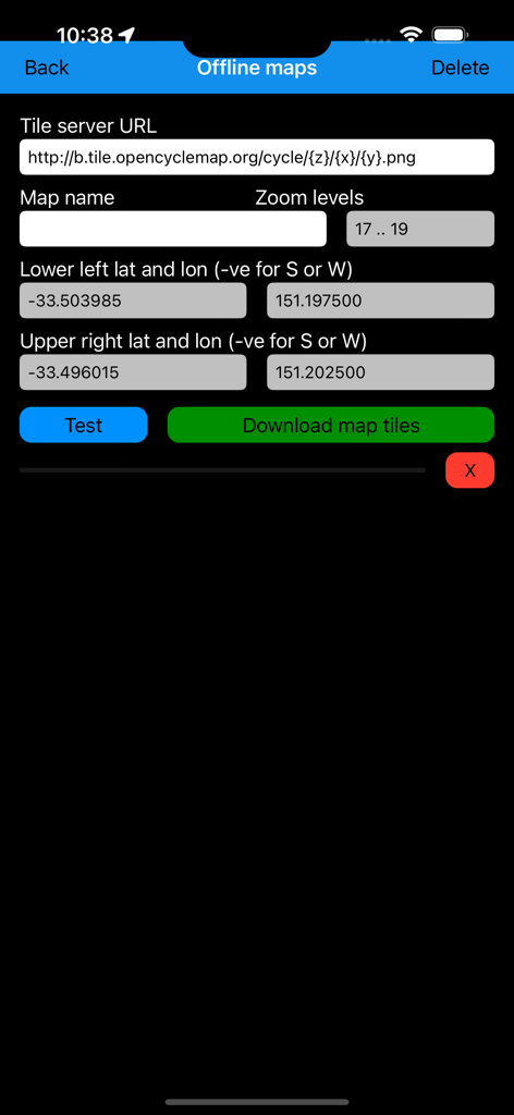Pantalla de configuración de descarga de mapas sin conexión en la aplicación Handy GPS que muestra las entradas de coordenadas de latitud y longitud