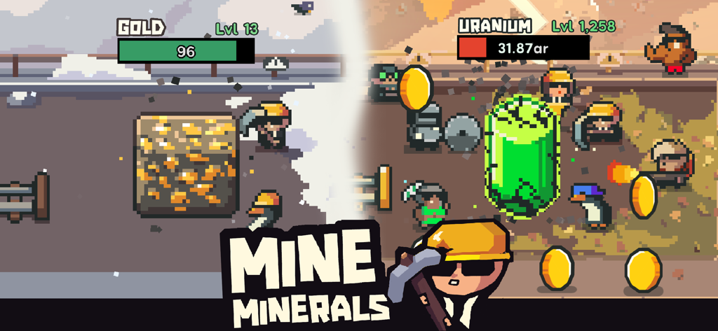 Earth Inc. Tycoon Idle Miner - Pixel-Art-Gameplay-Screenshot von Earth Inc Tycoon, der Gold- und Uran-Abbaustufen mit dem Text Mineralien abbauen zeigt