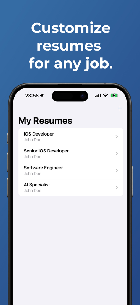 Resume Creator & Cover Letter - Oberfläche einer mobilen App, die eine Liste angepasster Lebenslaufversionen für verschiedene Berufsbezeichnungen anzeigt