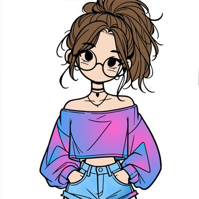 girl with a messy ponytail glasses a baggy crop top and jean shorts