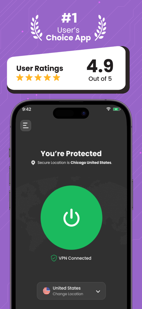 TOR Browser: Onion TOR VPN - Interfaccia dell'app TOR Browser Onion VPN che mostra una valutazione degli utenti di 4,9 e uno stato di connessione sicura negli Stati Uniti