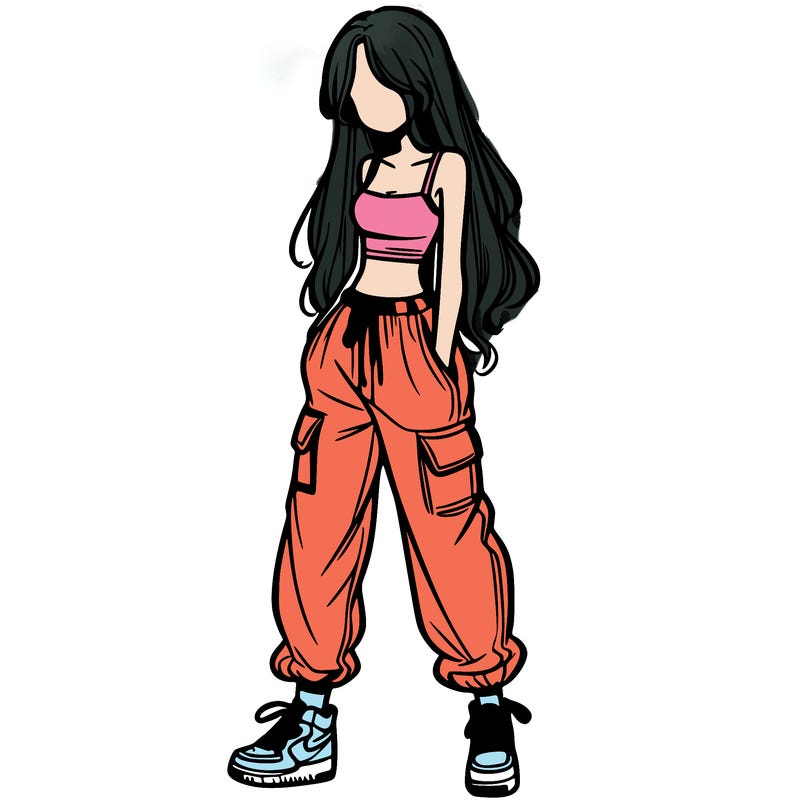 girl in baggy pants crop top and long hair