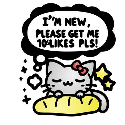 kitty taking a nap dream talking and saying "i'm new, please get me at least 10 likes pls!!"