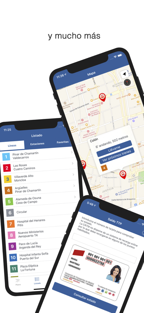 Pantallas de la aplicación MetroTiming Madrid que muestran la lista de líneas de metro, el mapa interactivo y la función de saldo de la tarjeta