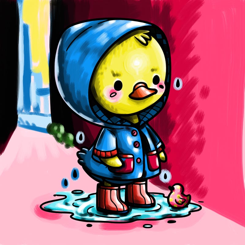 baby duck in a rain coat and boots, in a puddle while it’s raining