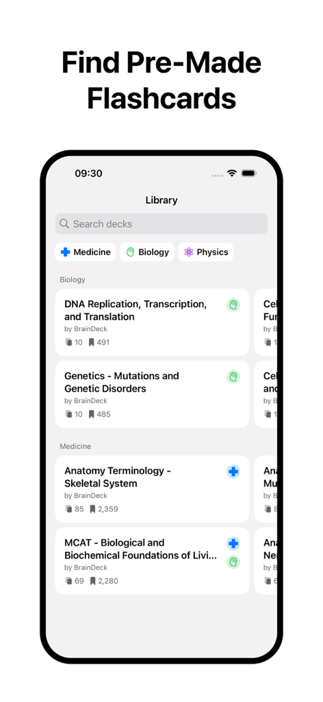 BrainDeck: AI Flashcards - BrainDeck app interface showing a library of pre-made study flashcards for medicine and biology