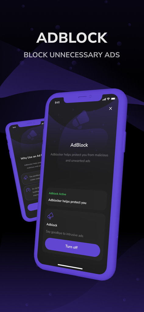 Viasa - Fast and Safe VPN - Viasa VPN application screenshot showing the integrated adblocker feature.