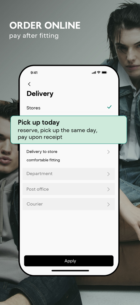 Mobile app screen showing various delivery options in the Intertop app including store pickup and courier delivery.
