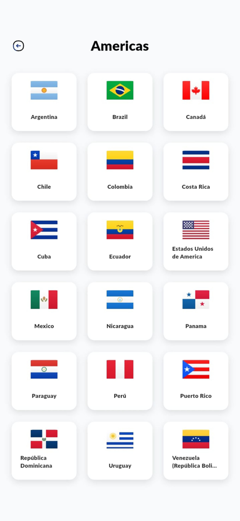 Cancilleria Bolivia - Mobile app screen displaying a grid of flags and names of countries in the Americas for consular services.