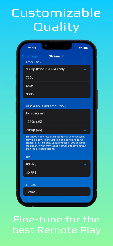 PXPlay: Remote Play - Pantalla de configuración de la aplicación PXPlay que muestra el escalado de resolución a 4K y la configuración de FPS