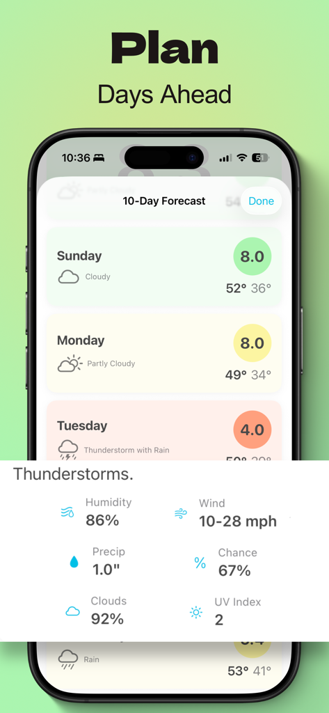 WxNmbr app screenshot displaying a 10-day weather forecast with daily simplified scores and detailed thunderstorm data