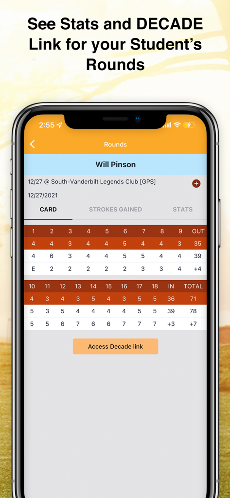 Eine Mobile-App-Oberfläche, die eine detaillierte Golf-Scorecard und Rundenergebnisse für einen Schüler anzeigt.