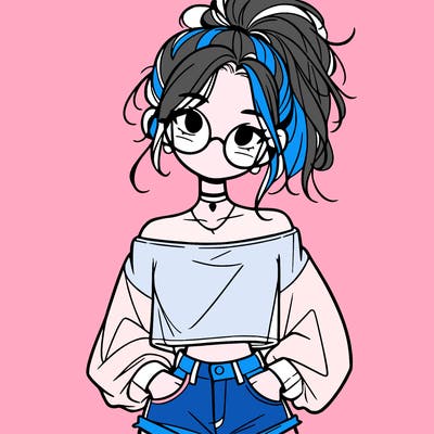 girl with a messy ponytail glasses a baggy crop top and jean shorts
