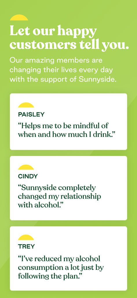 A collection of positive user testimonials for the Sunnyside app highlighting mindful drinking and habit change