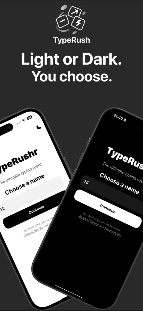 TypeRushr – Fast Typing Game - Écran de l'application TypeRushr montrant les options d'interface en mode clair et en mode sombre sur deux iPhones