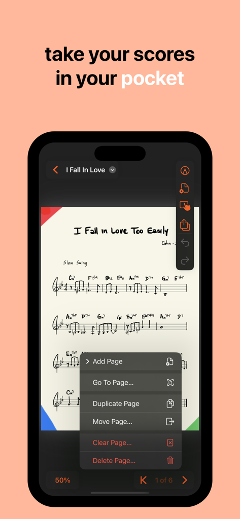 MusicPad - Aplicación MusicPad que muestra una partitura musical escrita a mano en la pantalla de un iPhone con un menú de gestión de páginas abierto