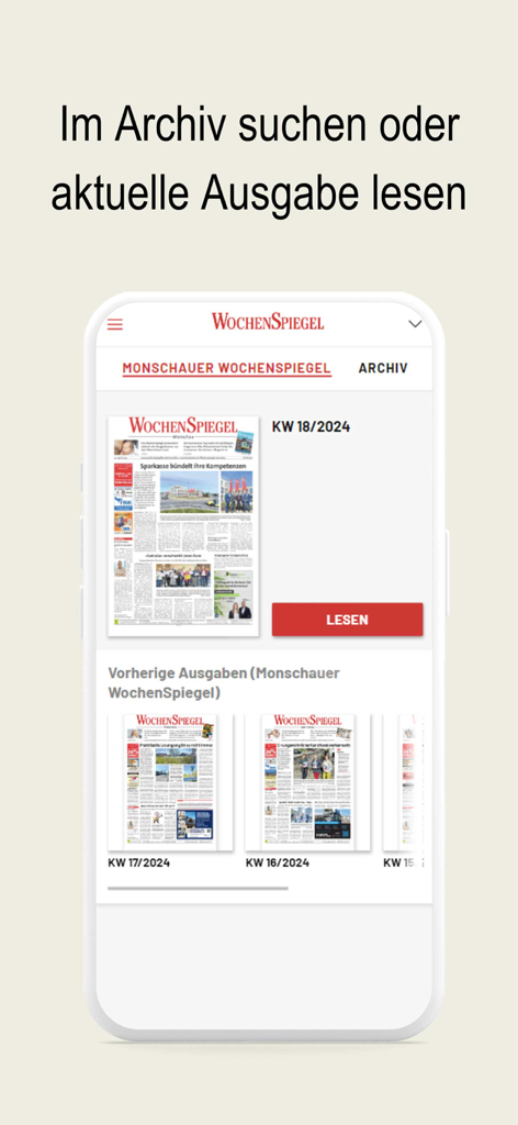 Die Benutzeroberfläche der WochenSpiegel ePaper App, die aktuelle und frühere regionale Zeitungsausgaben zur Auswahl anzeigt