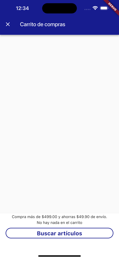 El Florido - Pantalla de carrito de compras vacío en la app El Florido mostrando una oferta de descuento de envío y el botón de búsqueda