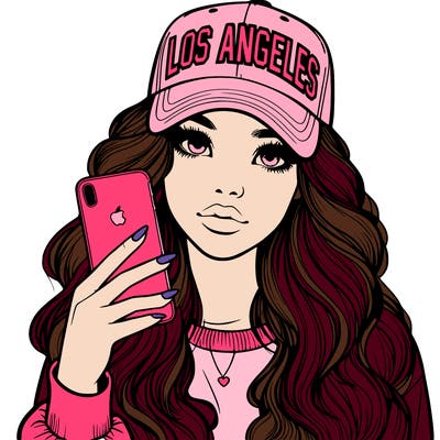 realistic beautiful girl wearing los ángeles cap holding an iphone