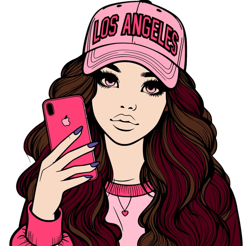 realistic beautiful girl wearing los ángeles cap holding an iphone