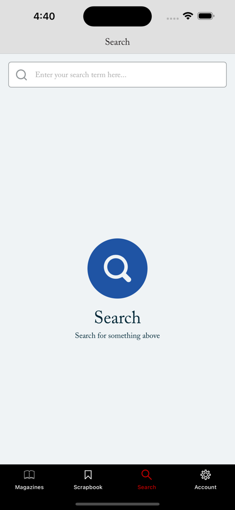 Search interface of the British Vogue mobile app with a search bar and navigation icons