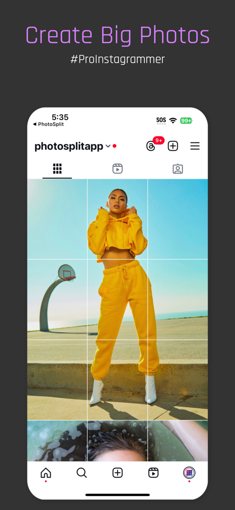 PhotoSplit for Instagram - A 3x3 grid preview on an Instagram profile showing a single large photo split into nine tiles