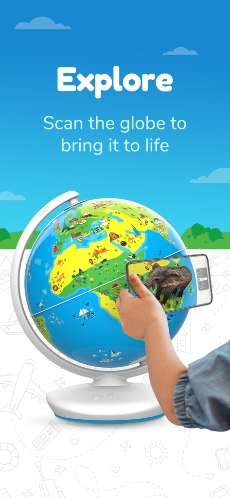 Une main tenant un téléphone pour scanner un globe Orboot montrant un éléphant 3D en RA