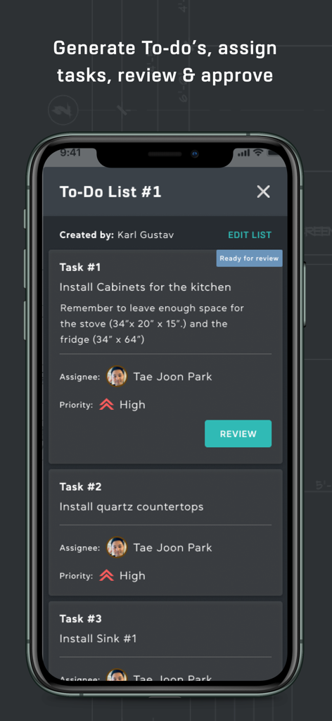 ProPlans construction app interface showing a to-do list with assigned tasks and priority levels for project management