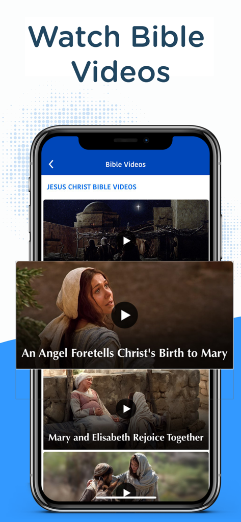 Biblia Dios Habla Hoy app interface showing a list of religious videos about the life of Jesus Christ.