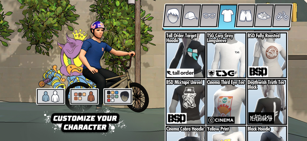 Red Bull Playgrounds - Menu for customizing a character with branded apparel and gear in Red Bull Playgrounds