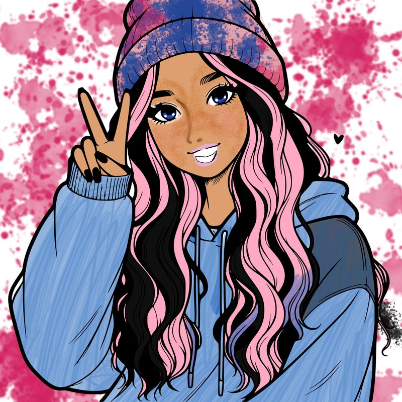 a teenage girl in a beanie, oversized sweatshirt, wavy long hair, and is showing a ✌️