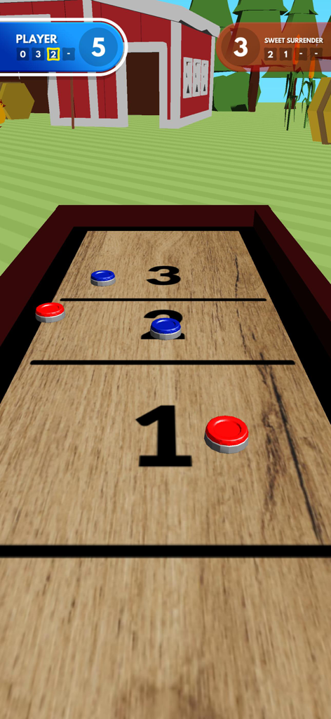 Shuffleboard Challenge - Jugabilidad de shuffleboard móvil mostrando discos en diferentes zonas de puntuación en una mesa de madera