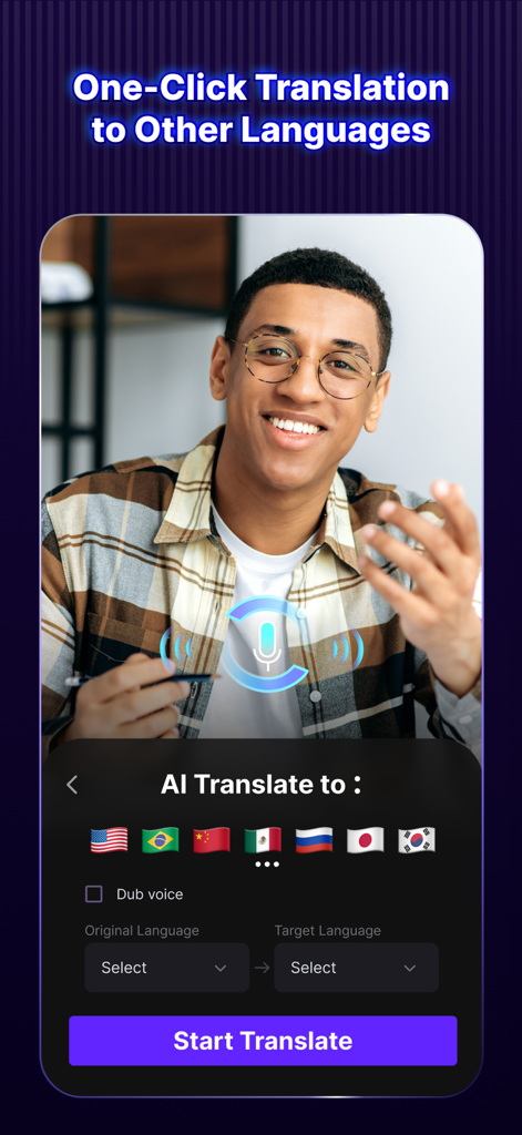 Vozo AI Video Maker | Blink - Interface of the Vozo AI app showing options for translating and dubbing videos into multiple languages using international flags