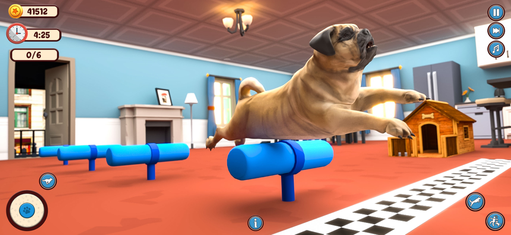 Dog Simulator: Puppy Pet Games - Un cachorro pug saltando sobre vallas azules en Simulador de Perro Juegos de Mascotas Cachorros.