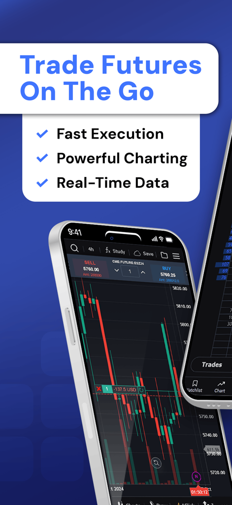Optimus Futures Mobile - Smartphone che mostra l'app Optimus Futures Mobile con grafici a candela professionali e dati di mercato in tempo reale