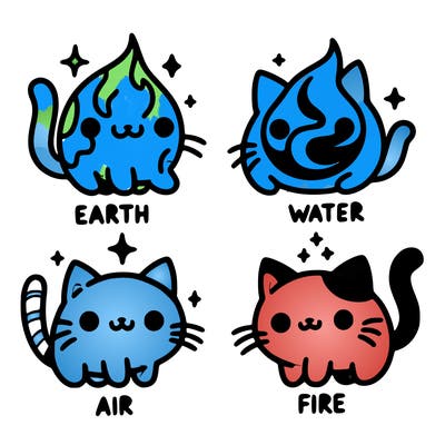 4 cats that represent the different elements, earth, water, air, and fire