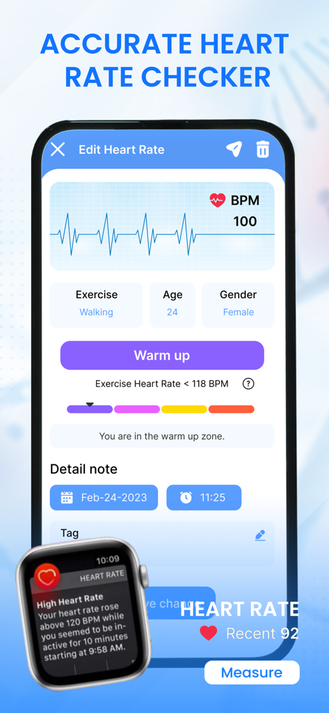 BMP: Blood Pressure Tracker - Pantalla de smartphone que muestra datos y gráfico de seguimiento del ritmo cardíaco con notificación de Apple Watch.