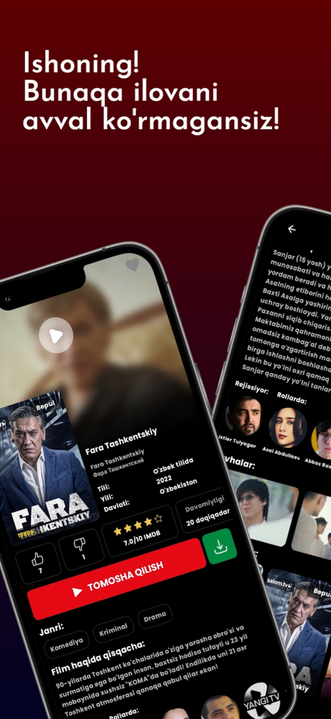 Yangi TV - Yangi TV app interface showing details for an Uzbek movie with a watch now button and actor profiles