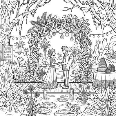Celebrate love in a truly unique way with this charming Prehistoric Swamp Wedding coloring page. This intricate design blends ancient jungle wonders with a romantic ceremony, perfect for an imaginative escape.