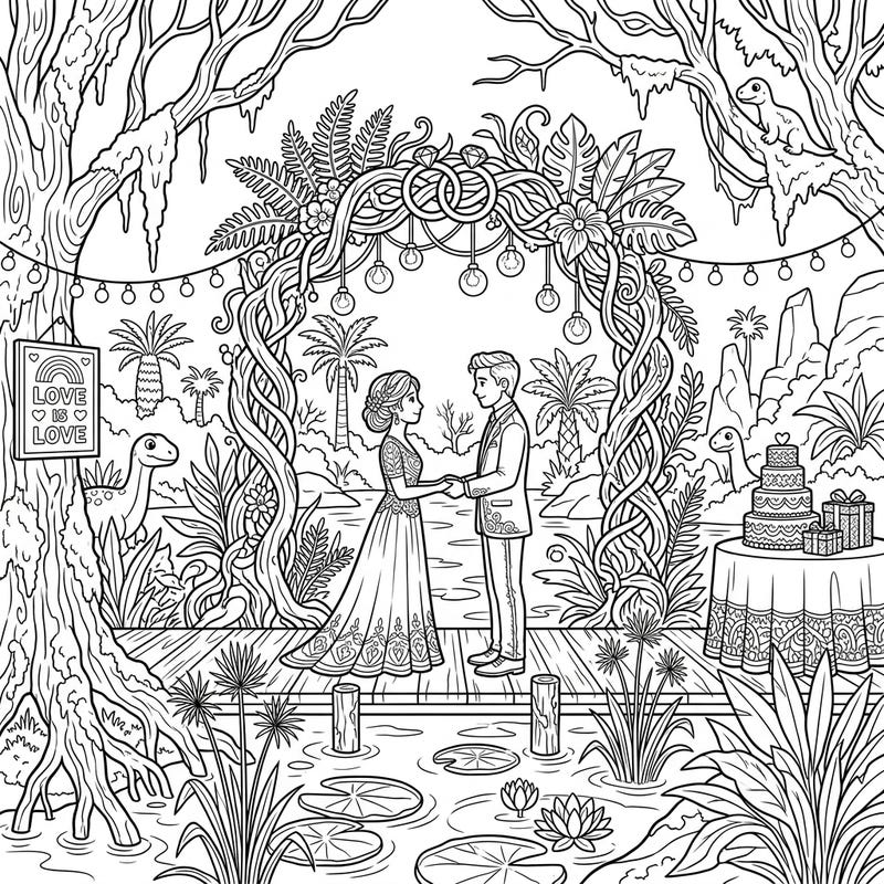 Celebrate love in a truly unique way with this charming Prehistoric Swamp Wedding coloring page. This intricate design blends ancient jungle wonders with a romantic ceremony, perfect for an imaginative escape.
