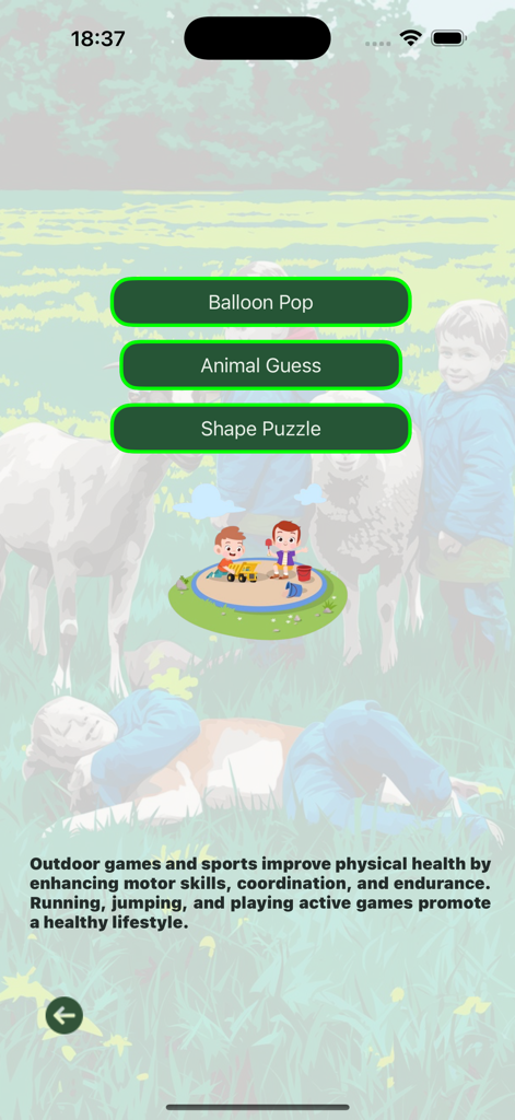 Antova app main menu screen showing buttons for Balloon Pop, Animal Guess, and Shape Puzzle games for kids.
